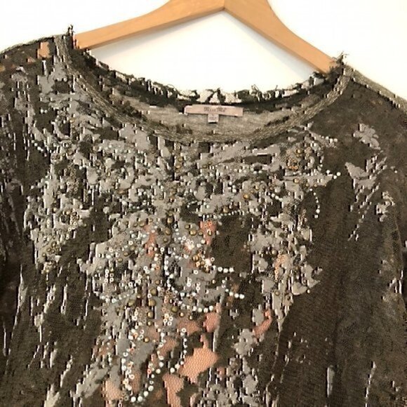 MISS ME Lace Front Sweatshirt Olive Green Pullover Mixed Media Material Crewneck - Picture 6 of 11